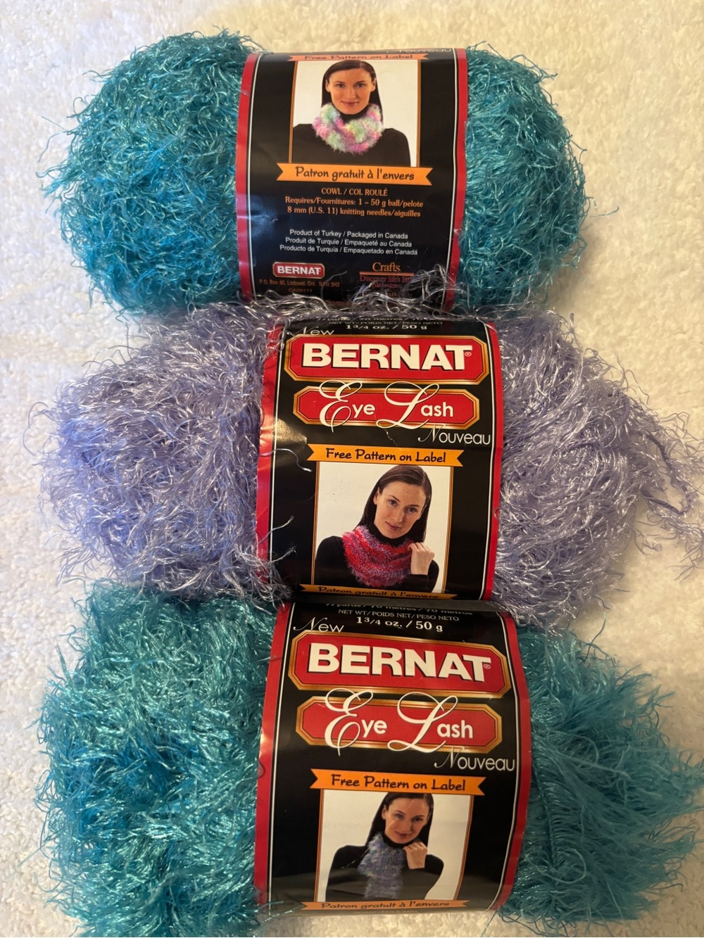 BERNAT - Eyelash Decorative Yarn Bundle in Teal and Lavender. 3 Skeins.  NEW